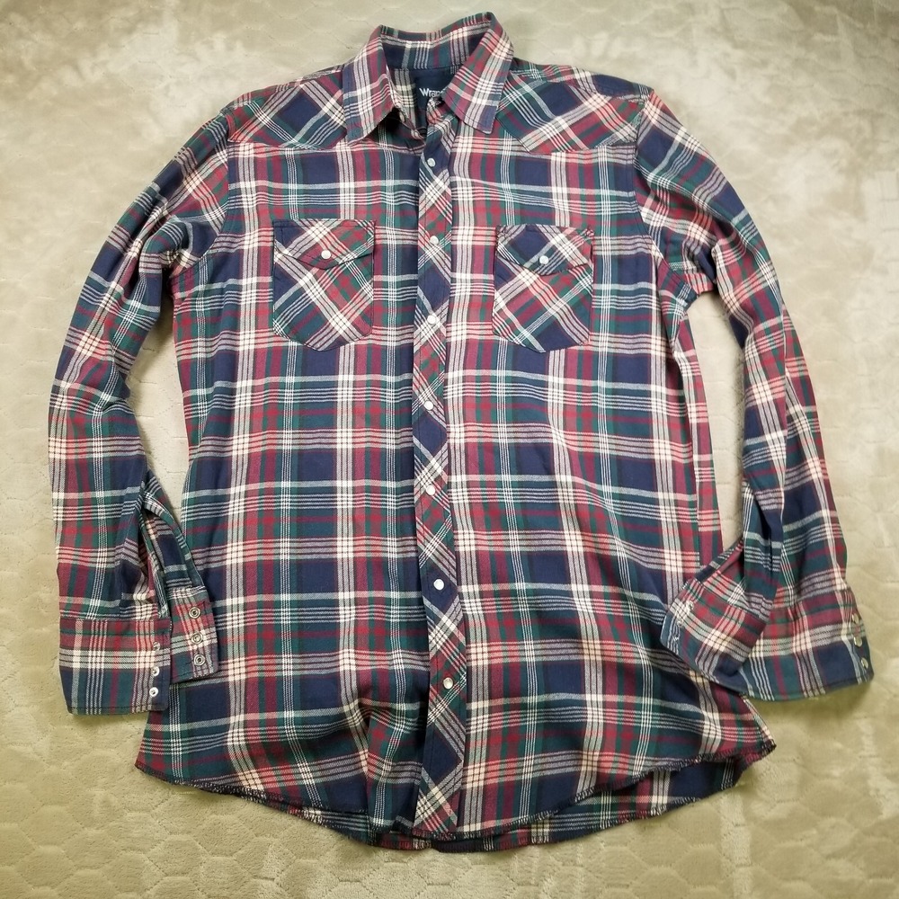 VTG 90's Wrangler Western Shirt Men's Lg Flannel Red Plaid Pearl Snap Cowboy